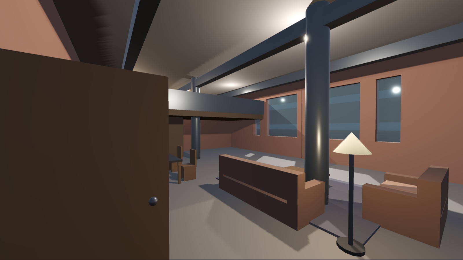 A warehouse loft with steel columns, factory windows, leather sofas and a mezzanine.
