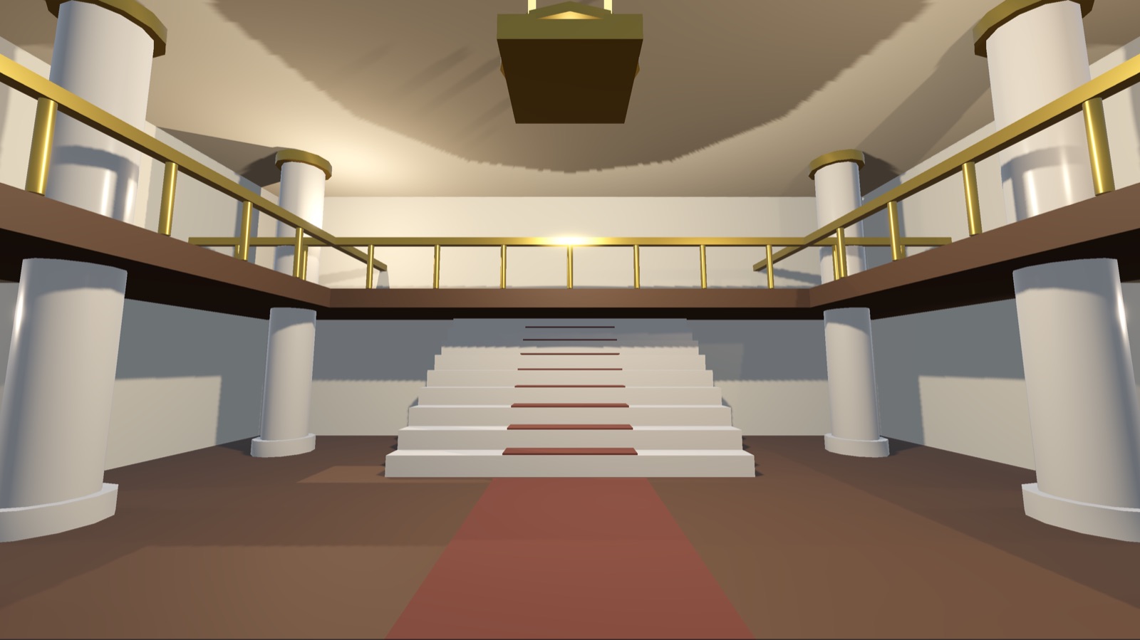 A double-height marble hall with columns, a red stair runner and a chandelier.